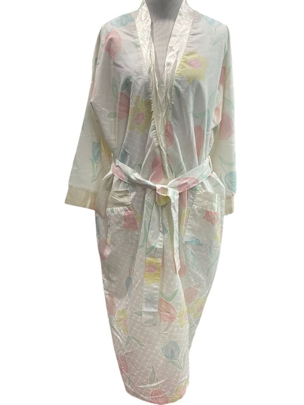 Vintage 80s Pastel Floral Print Bathrobe M White Pink Loungewear Retro Sleepwear